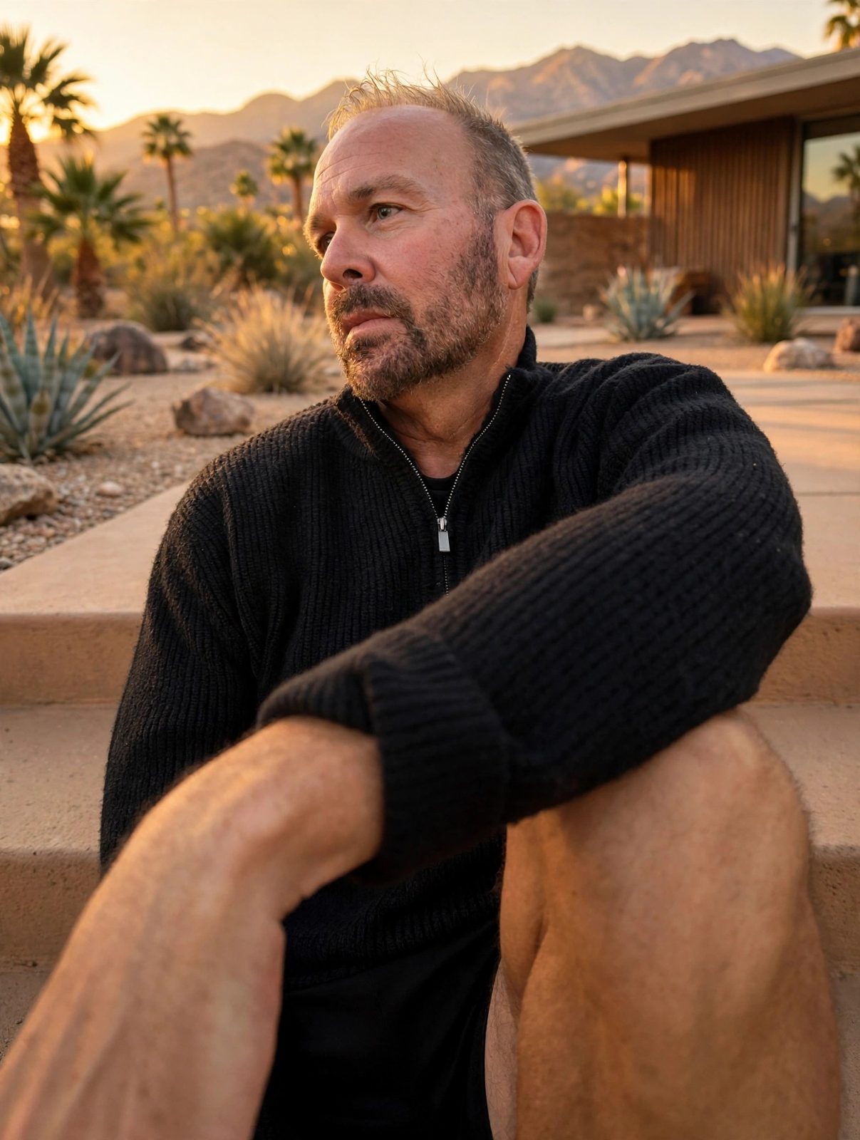 Matté Davids seated outside a desert modern home at golden hour