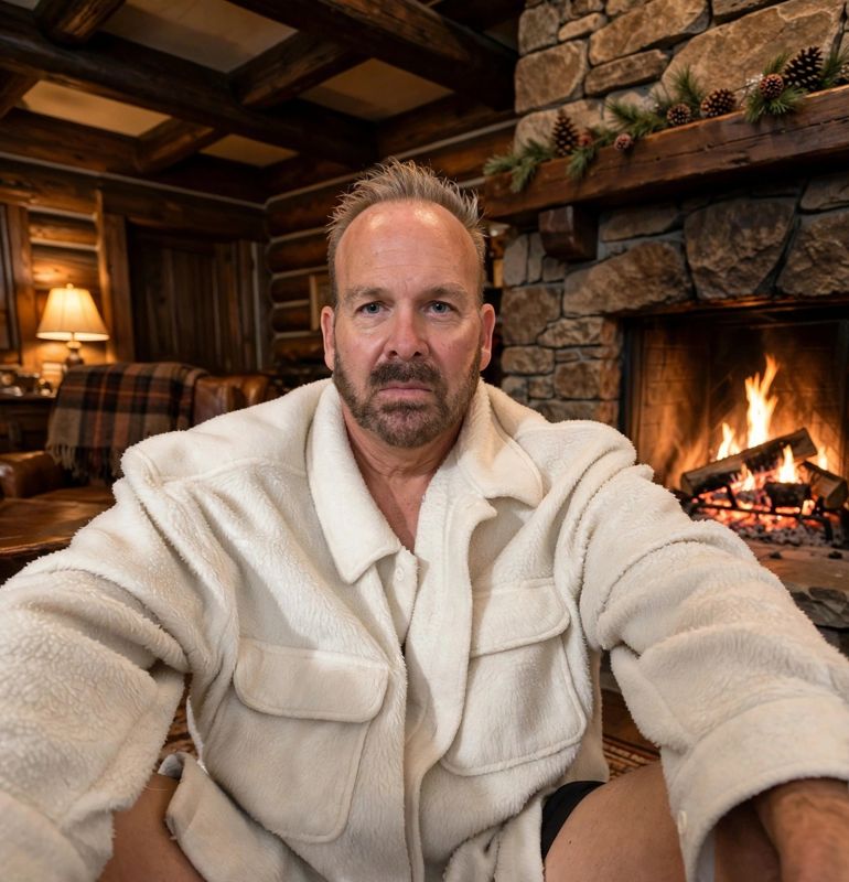 Seated by a stone fireplace in a log cabin, white sherpa jacket
