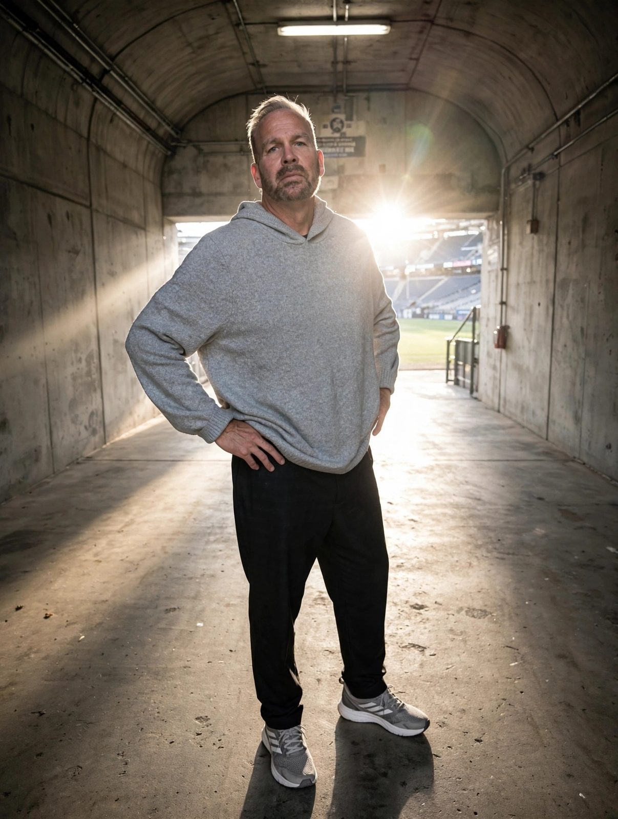 Matté Davids standing in a stadium tunnel, backlit by afternoon sun